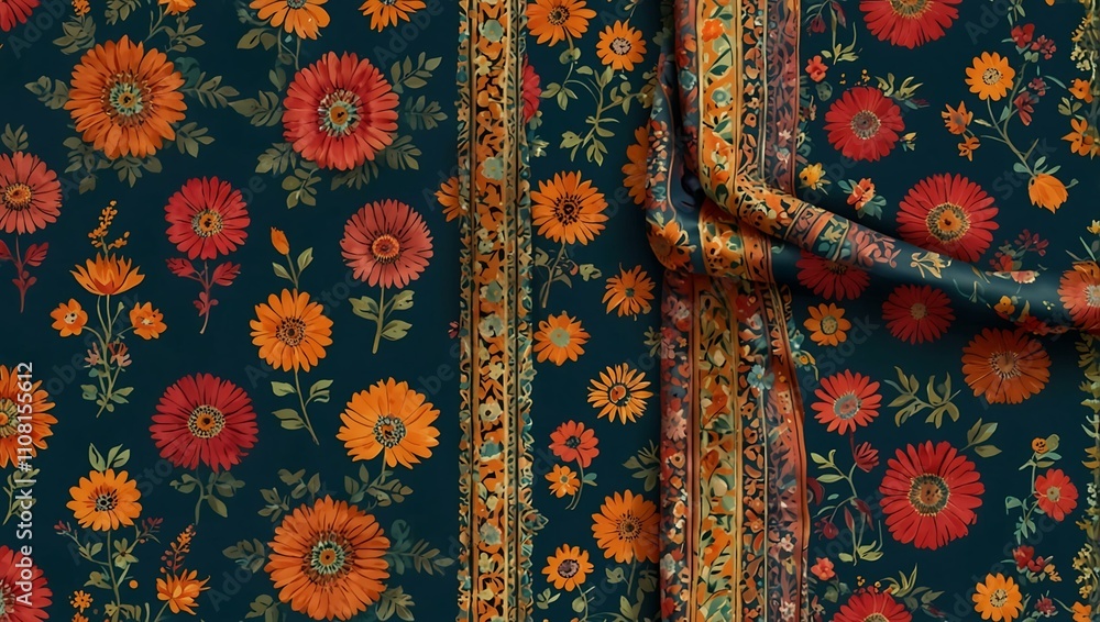 Poster repeated saree print pattern design with floral elements.