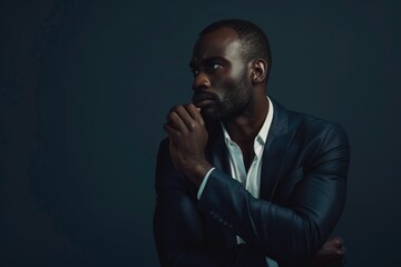 Portrait of pensive African American businessman in stylish suit