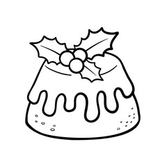 Coloring page of Christmas cake with holly berries. Outline hand drawn vector illustration on white background.
