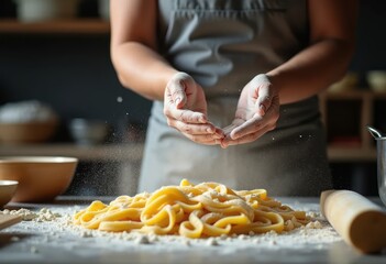 Chef's hands making dough and spaghetti, close up