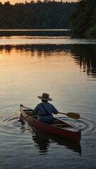 Retired woman peacefully canoeing in calm waters at dusk.