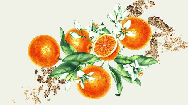 Watercolor orange tropical fruit hand drawn. Orange illustration with gold gradually recedes. Orange bouquet with flowers zest