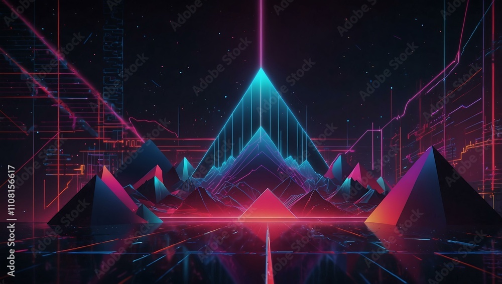 Poster retrowave background with neon colors and geometric patterns.