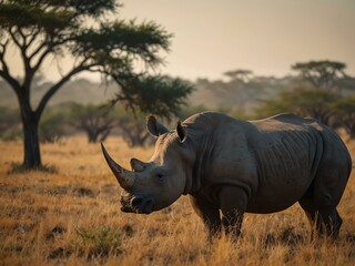 Fototapeta premium Rhino in a savanna landscape.