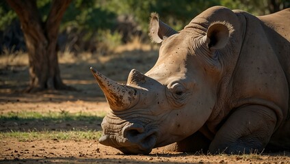 Obraz premium Rhino resting in the shade on a warm day.