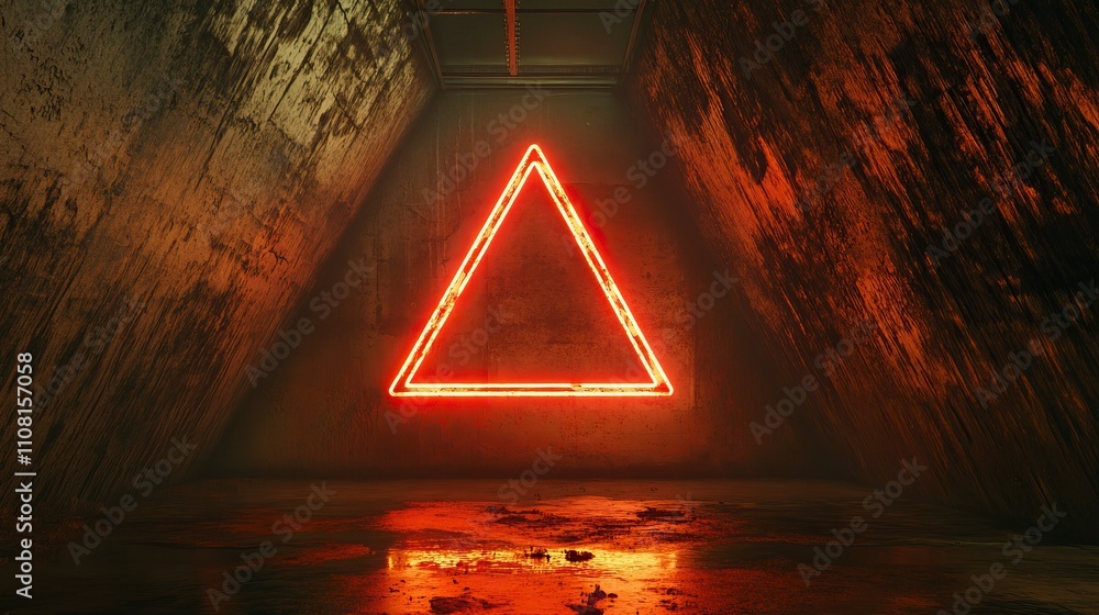 Poster sci-fi triangle tunnel with neon triangle sign concept background. 3d render.