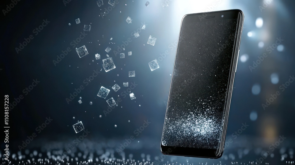 Poster a black smartphone levitates in the air with digital particles floating around it on a dark backgrou