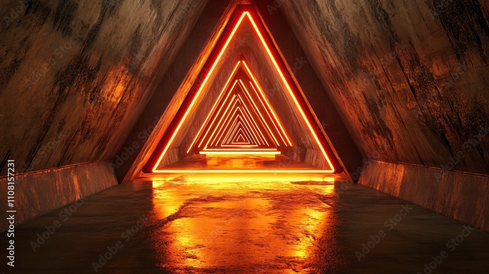 Poster sci-fi triangle tunnel with neon triangle sign concept background. 3d render.