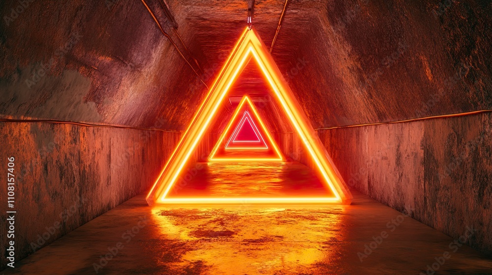 Poster sci-fi triangle tunnel with neon triangle sign concept background. 3d render.