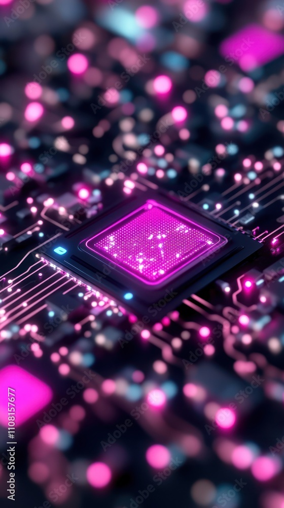 Poster a close-up of a circuit board with a glowing pink processor chip.