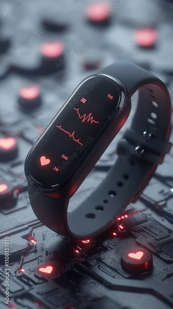 Poster a close-up of a fitness tracker with a heart rate monitor on the screen. there are red heart-shaped 