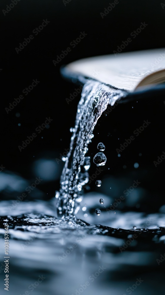 Poster a close-up of water pouring from a source, creating a cascade of droplets that fall into a pool of w