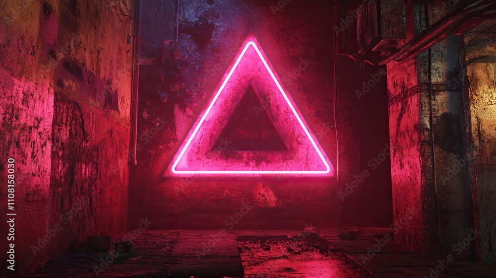 Poster sci-fi triangle tunnel with neon triangle sign concept background. 3d render.