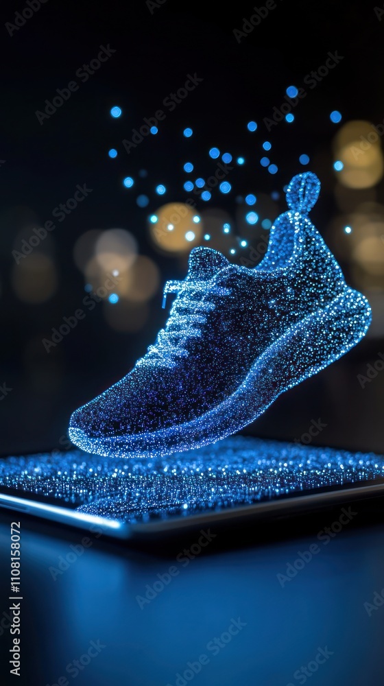 Poster a digital rendering of a shoe hovering above a smartphone, showcasing the future of online shopping 