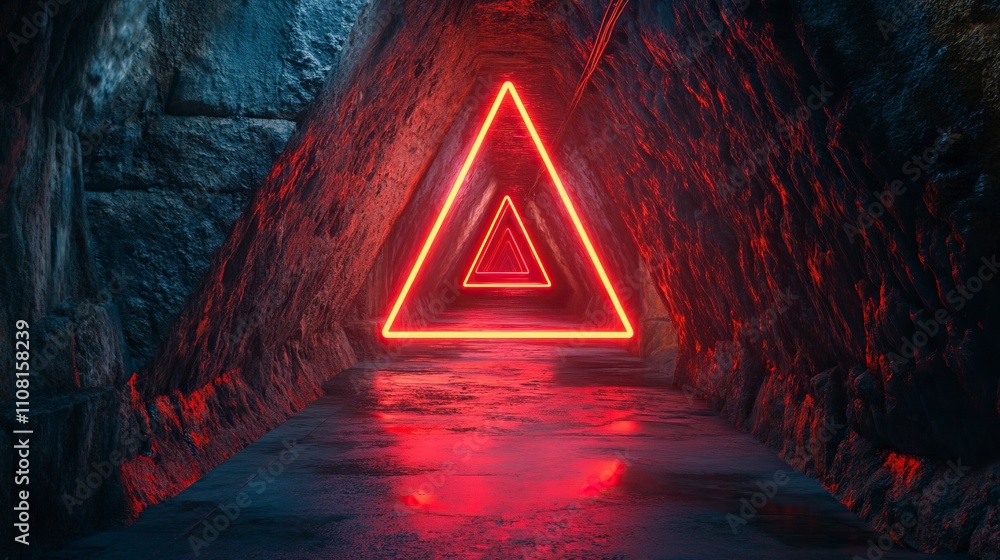 Poster sci-fi triangle tunnel with neon triangle sign concept background. 3d render.