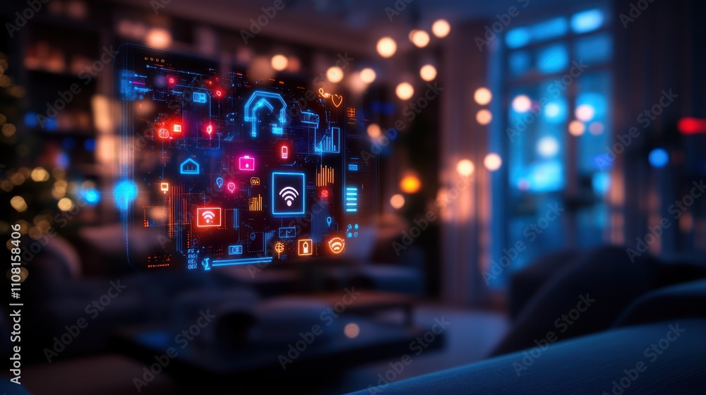 Poster a futuristic smart home concept with glowing icons representing automated systems and functions.