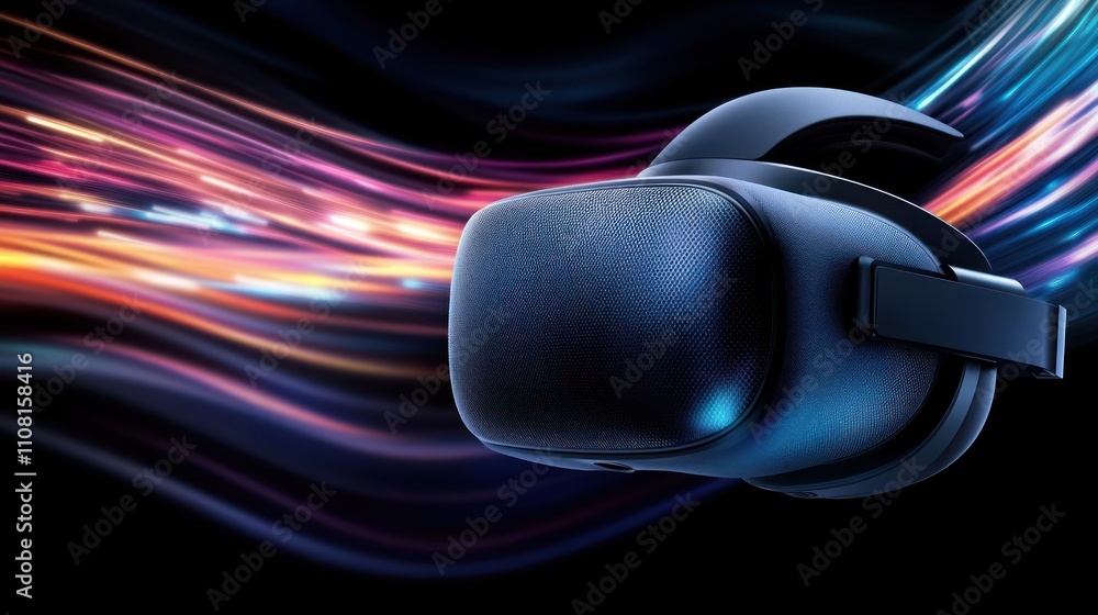 Poster a futuristic vr headset floats in front of a glowing abstract background, representing the boundless