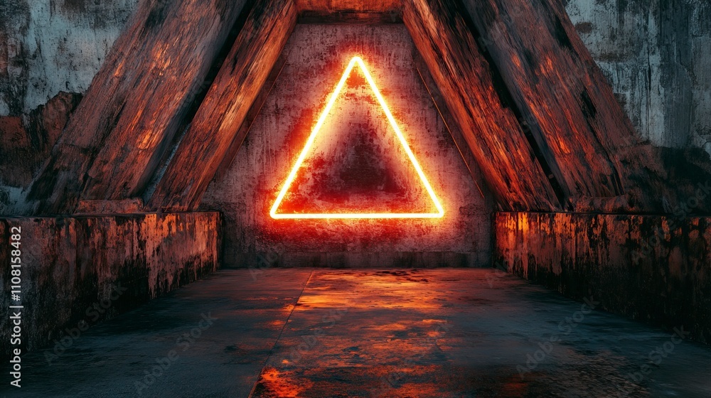 Poster sci-fi triangle tunnel with neon triangle sign concept background. 3d render.