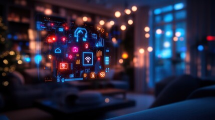 A futuristic smart home concept with glowing icons representing automated systems and functions.