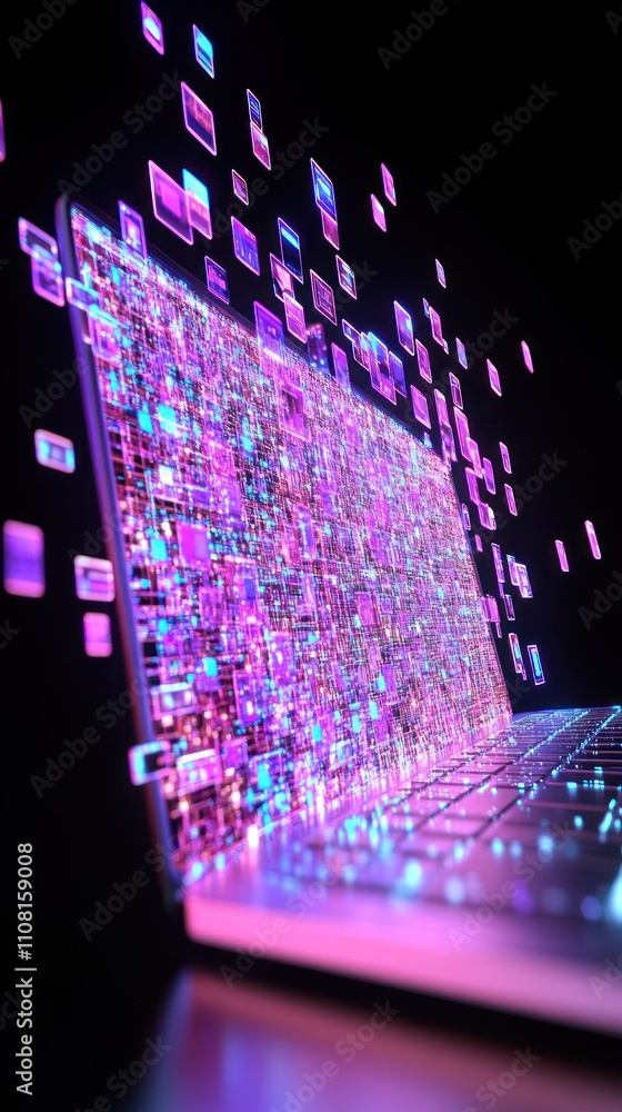 Poster a laptop with a glowing screen of colorful squares, some of which are floating away in a dark backgr