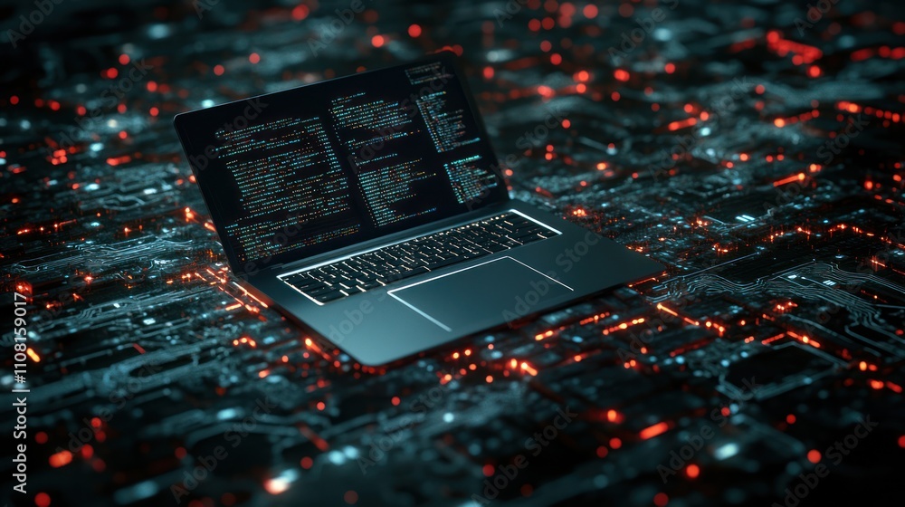 Poster a laptop with code on the screen sits on a glowing circuit board, representing the concept of techno