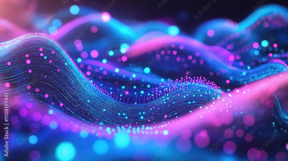Aufkleber Abstract tech illustration shows data flowing in waves. Neural networks analyzing complex information. Big data analysis with vibrant colors. AI data visualization. Modern tech concept. Dynamic data