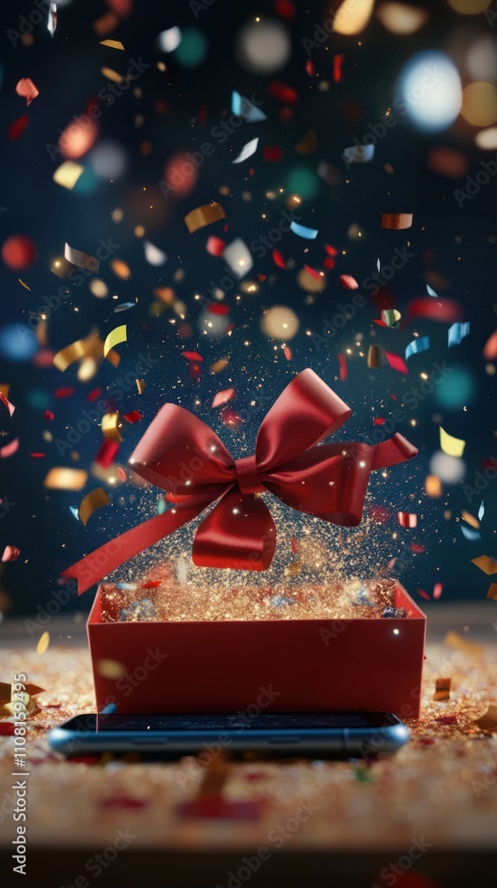 Poster a red gift box with a red bow is open on a table with confetti falling, with a smartphone next to it