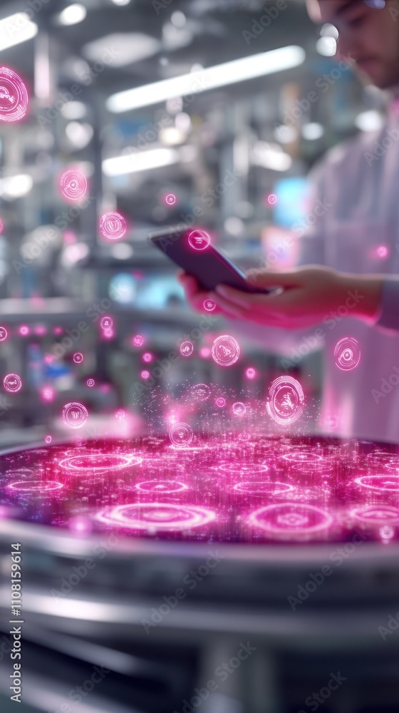Poster a scientist in a lab uses a smartphone to interact with glowing, digital icons.