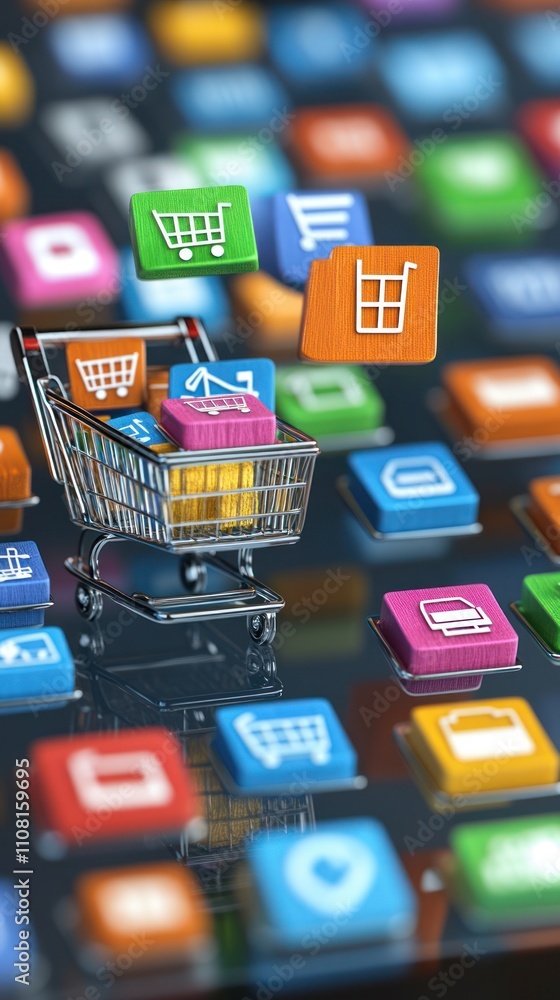 Poster a shopping cart filled with colorful app icons sits on a smartphone screen, symbolizing mobile shopp