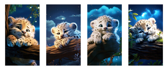 Adorable Baby Jaguar in Enchanted Night Scene for Kids' Room Posters on Transparent Background