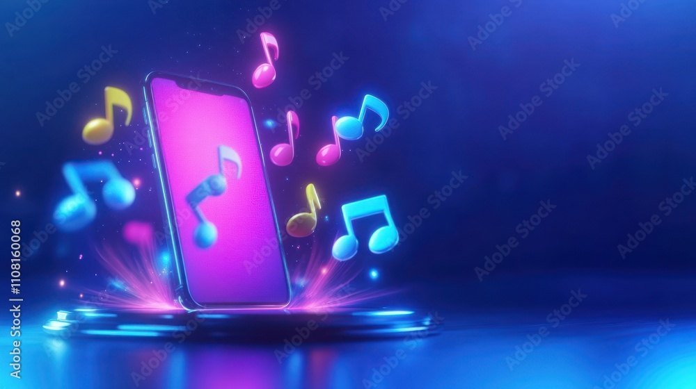 Poster a smartphone on a glowing platform with colorful music notes floating around it.