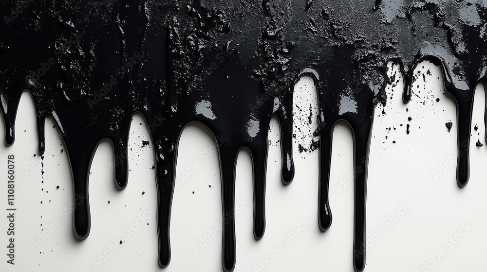 Poster dark black paint drips and runs on white background. drips create wet slick texture. abstract modern