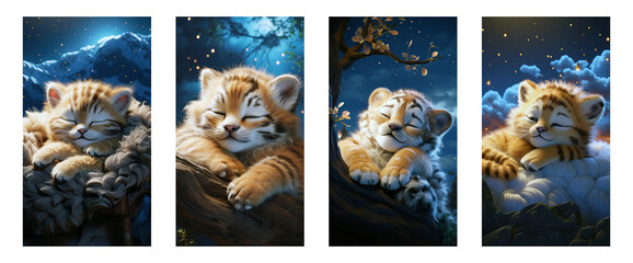 Adorable Baby Tiger in Enchanted Night Scene for Kids' Room Posters on Transparent Background