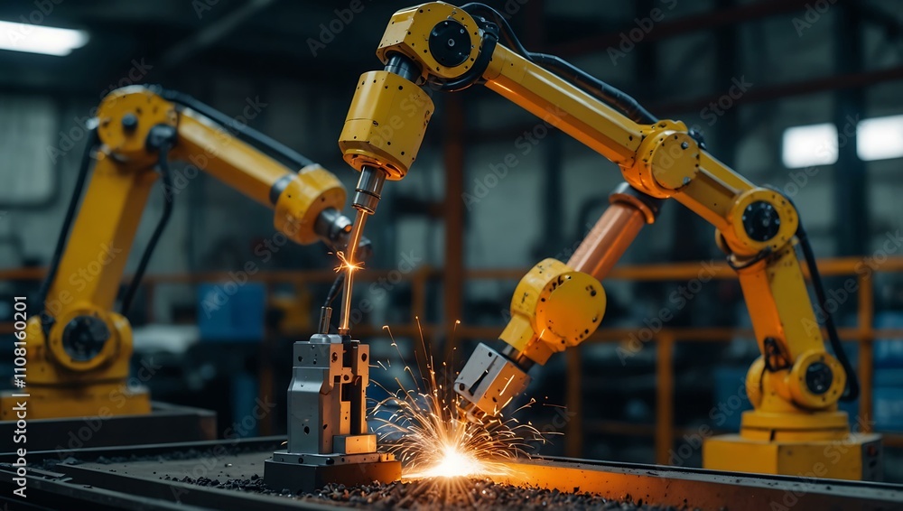 Poster robot arm welding in an automated manufacturing process.