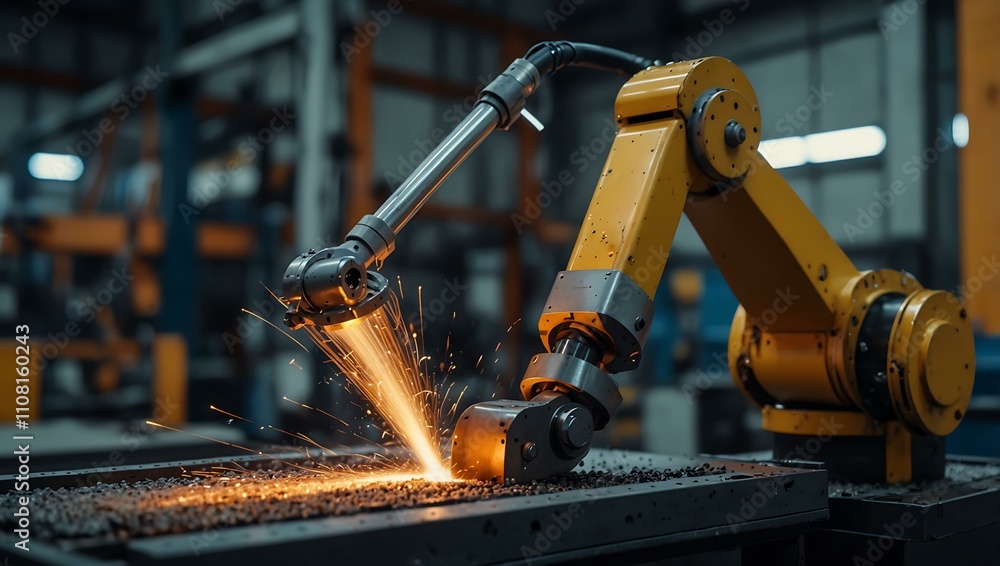 Poster robot arm welding in an automated manufacturing process.