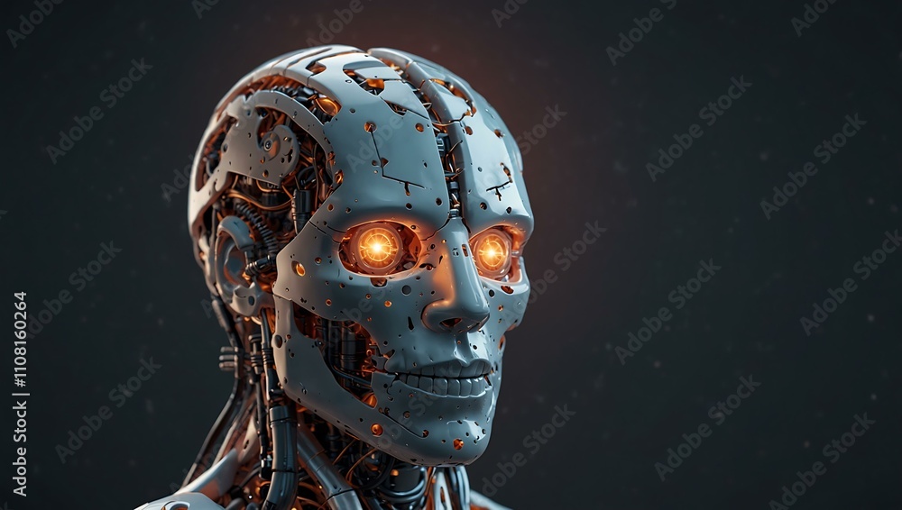 Poster robot brain digital illustration, 3d render of ai computing.