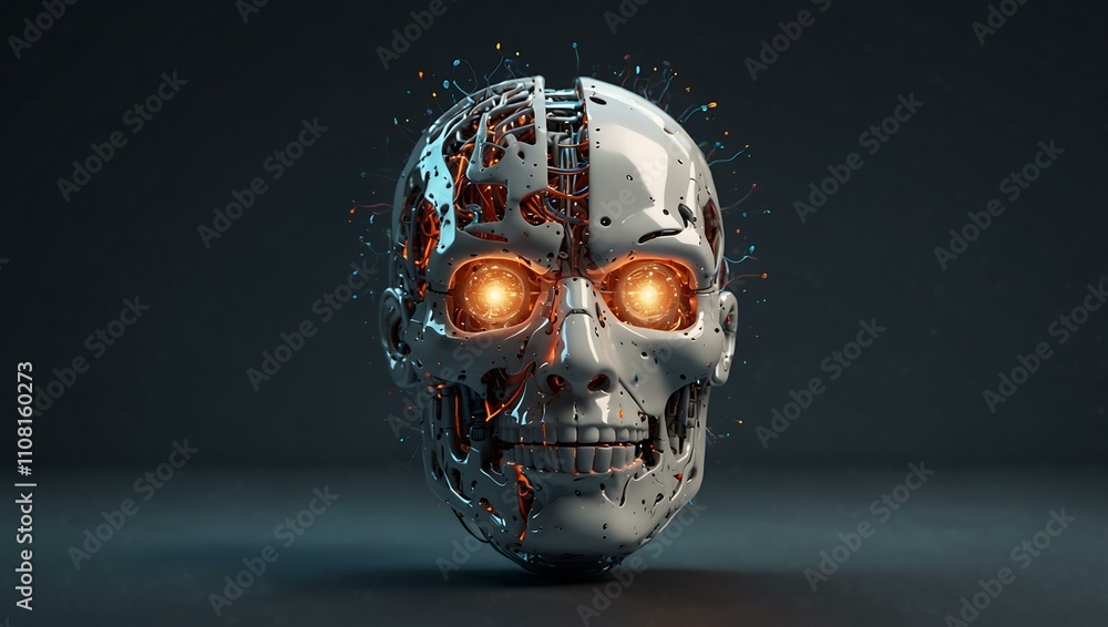 Poster robot brain digital illustration, 3d render of ai computing.