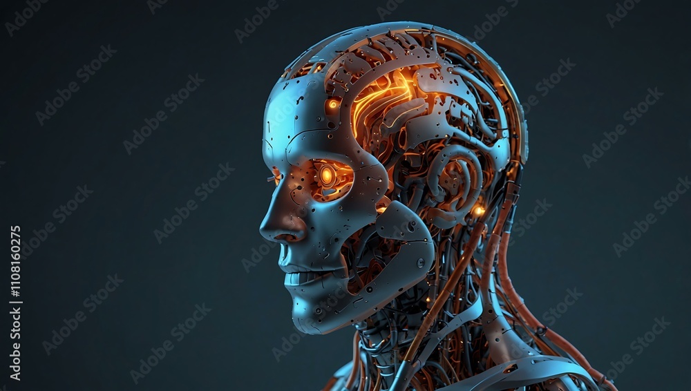 Poster robot brain digital illustration, 3d render of ai computing.