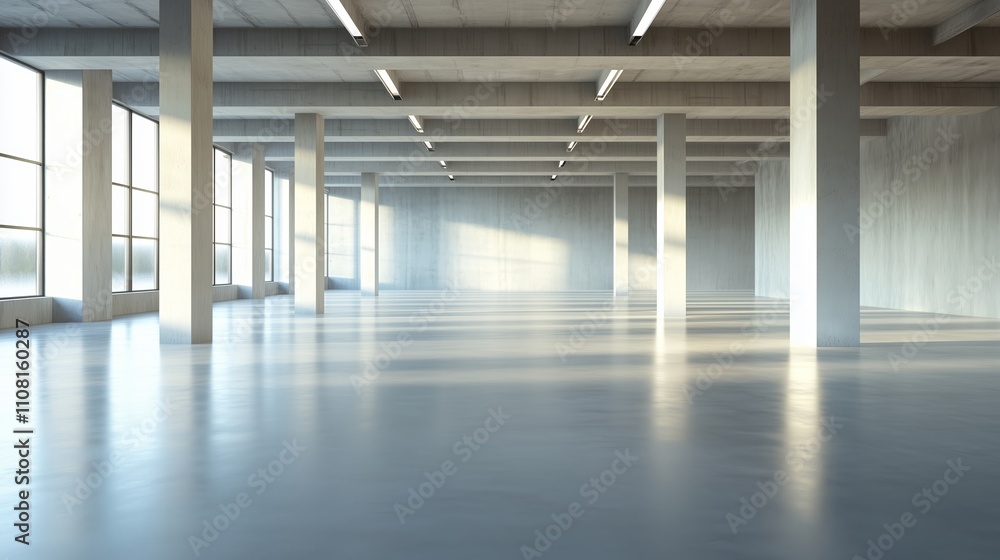 Poster open industrial space with large windows and concrete structure during daylight hours