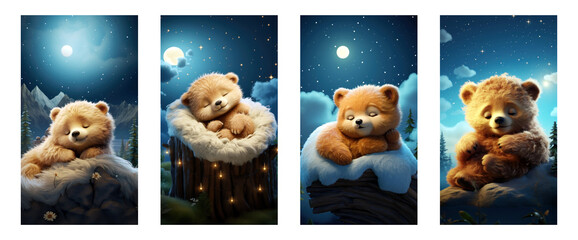 Adorable Baby Bear in Enchanted Night Scene for Kids' Room Posters on Transparent Background
