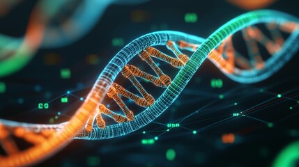 Biometric healthcare real-time concept. A vibrant digital representation of a DNA double helix, showcasing intricate structures and glowing elements in blue and orange hues.