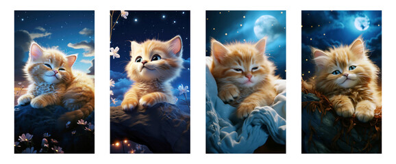 Adorable Baby Cat in Enchanted Night Scene for Kids' Room Posters on Transparent Background
