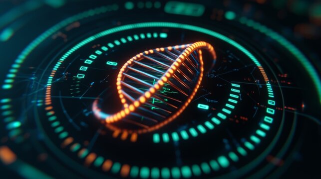Biometric healthcare real-time concept. A vibrant, futuristic representation of a DNA double helix surrounded by digital elements and glowing patterns, symbolizing biotechnology and innovation.