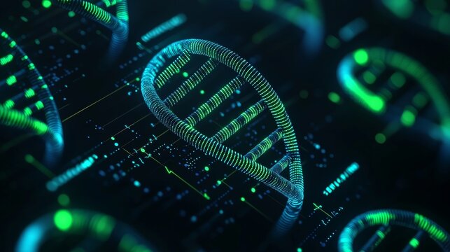 Biometric healthcare real-time concept. A digital representation of DNA strands illuminated in neon green and blue, showcasing a futuristic biotechnology theme.