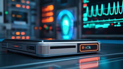 Obraz premium Biometric healthcare real-time concept. A sleek, modern device displaying vibrant displays and indicators, set against a backdrop of advanced technology and data visualization.
