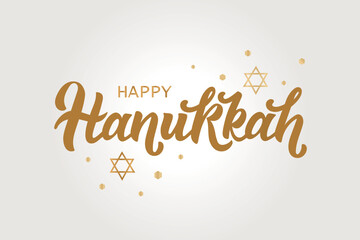 Happy Hanukkah hand writing text. Modern brush ink calligraphy, hand lettering typography and David's stars. Vector illustration for Jewish holiday as greeting card, poster, banner