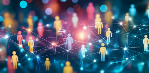 Obraz premium Digital network connecting diverse individuals through technology in a colorful representation of social interactions