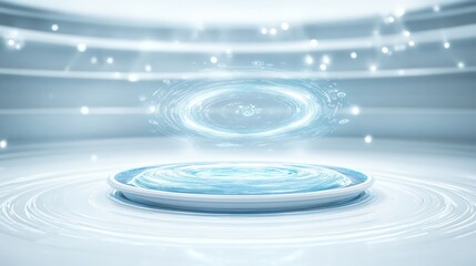 Abstract futuristic background with a glowing circular portal and a blue water-like ripple effect.