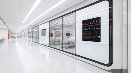 Biometric healthcare real-time  concept. A modern, sleek hospital corridor featuring glass walls, providing a view into patient rooms and a clean, bright environment.