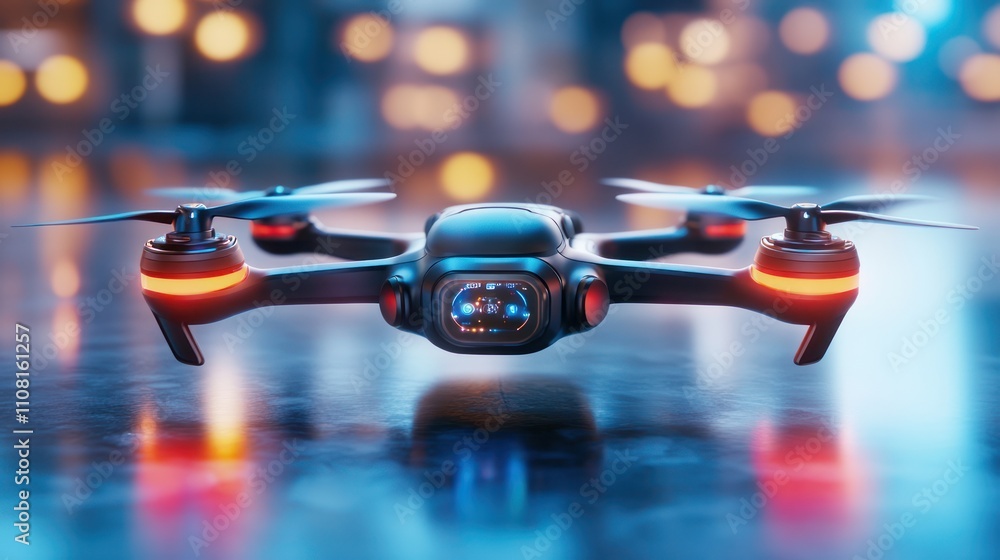 Poster black drone with red lights and a camera hovering over a reflective surface in a city at night.